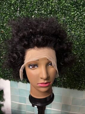 Human Hair Short Curly Lace Front Wig - Black